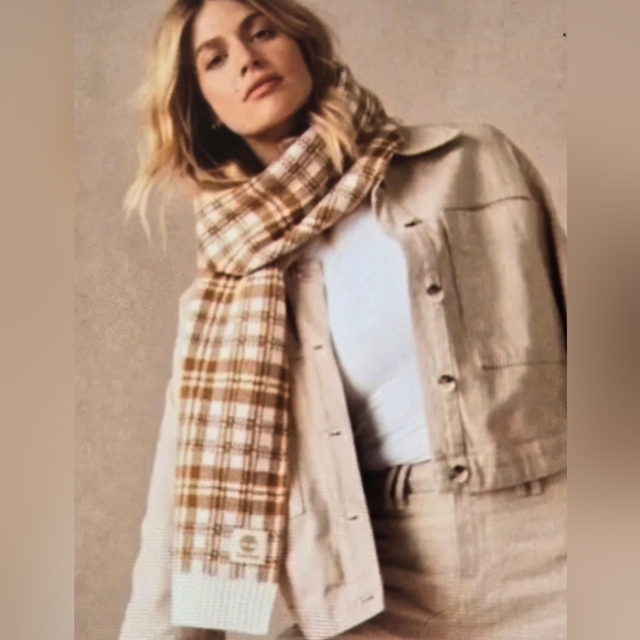 Timberland Accessories - Timberland Buffalo Plaid Knit Scarf Cozy Logo Checkered Tan Cream Cozy OS
